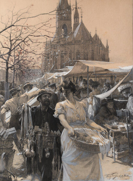 Fritz Gehrke - Markt auf dem Winterfeldtplatz in Berlin - 1915 - Tusche, Gouache und Bleistift