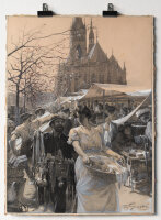 Fritz Gehrke - Markt auf dem Winterfeldtplatz in Berlin - 1915 - Tusche, Gouache und Bleistift